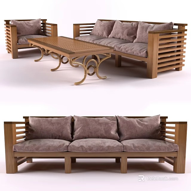 Wooden Sofa with Slatted Back and Cushions and Coffee Table Set with Ornate Legs Design 3d model 