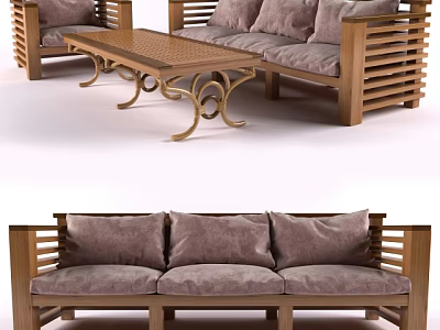 Wooden Sofa with Slatted Back and Cushions and Coffee Table Set with Ornate Legs Design 3d model