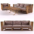 Wooden Sofa with Slatted Back and Cushions and Coffee Table Set with Ornate Legs Design