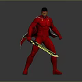 Male Superhero In Red Suit With Red Cape Holding Yellow Sword