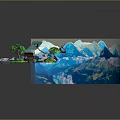 Cartoon Scene With Wooden Cabin Green Trees And Cable Car Near Mountain Lake