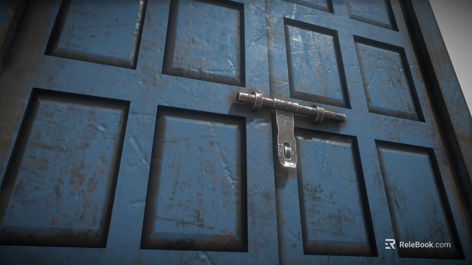 Blue Rusty Gate With Metal Hinge And Weathered Panel Design 3d model