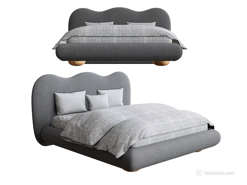 Modern Gray Double Bed With Curved Headboard Wooden Legs And Bedding 3d model 