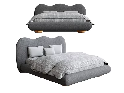 Modern Gray Double Bed With Curved Headboard Wooden Legs And Bedding 3d model