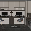 Modern Tatami Bedroom Featuring Sleek Cabinetry Desk Area Two Computers Lamps Chairs And Bright Window