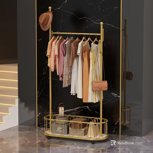 Golden Clothes Rack With Multiple Colorful Clothes And Bags On Black Marble Wall 3d model 