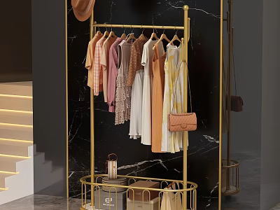 Golden Clothes Rack With Multiple Colorful Clothes And Bags On Black Marble Wall 3d model