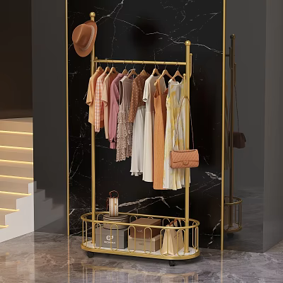 Golden Clothes Rack With Multiple Colorful Clothes And Bags On Black Marble Wall 3d model