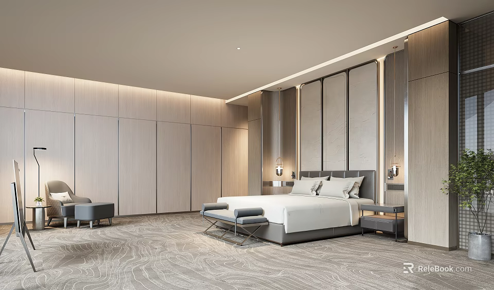 Luxurious Hotel Guest Room Interior With King Size Bed Wooden Walls And Armchair 3d model 