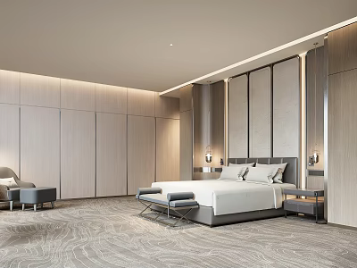 Luxurious Hotel Guest Room Interior With King Size Bed Wooden Walls And Armchair 3d model