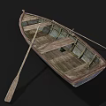 Old Wooden Boat With Worn Wooden Structure And Oar On Black Background