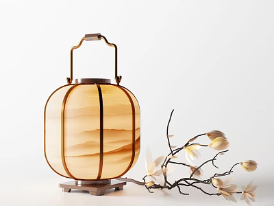Traditional Elegant Table Lamp With Wooden Frame Paper Shade And White Magnolia Branches 3d model