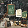 Colorful Musical Instruments and Art Supplies on Display with Blackboards Easels and Hand-drawn Illustrations