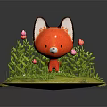 Cute Red Fox Character Standing On Green Grass With Pink Flowers And Plants