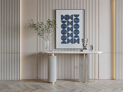 Elegant Console Table With Marble Top Abstract Blue Artwork And Green Vase On Striped Wall 3d model