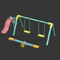 Colorful Children's Playground Equipment With Pink Slide Two Swings And Yellow Seesaw