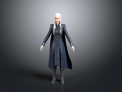 3D Character Model With White Long Hair And Dark Coat Standing In Gray Background 3d model