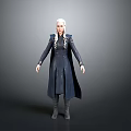 3D Character Model With White Long Hair And Dark Coat Standing In Gray Background