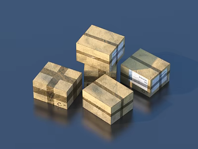 Four Household Items Packed in Brown Paper Bundled with Ropes on Blue Background 3d model