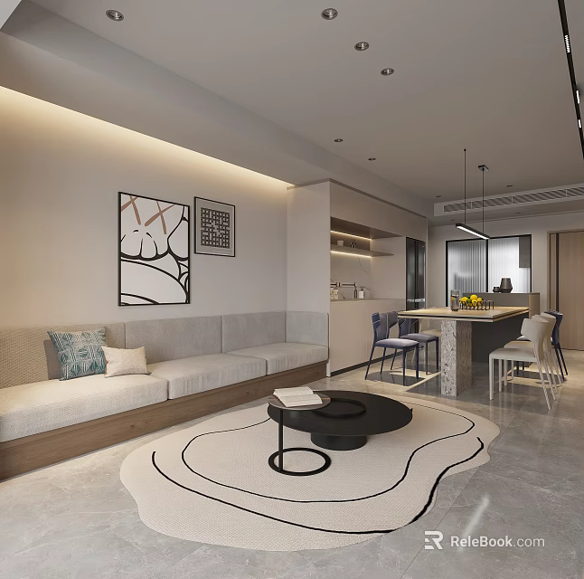 Modern Living Dining Room Interior With Beige Sofa Decorative Paintings Round Rug And Dining Chairs 3d model 