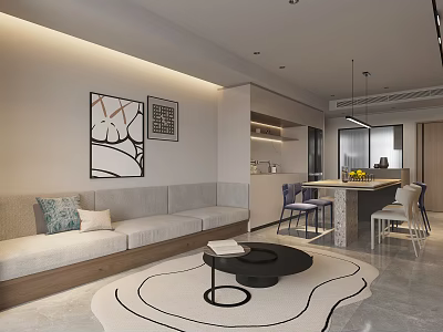 Modern Living Dining Room Interior With Beige Sofa Decorative Paintings Round Rug And Dining Chairs 3d model