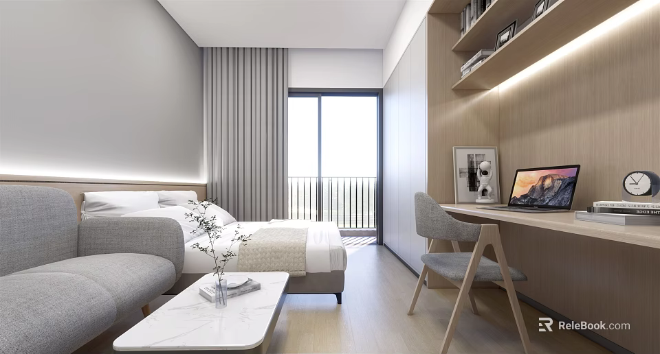 Modern Minimalist Bedroom Interior Design With Sofa Coffee Table Desk And Laptop Curtains 3d model 