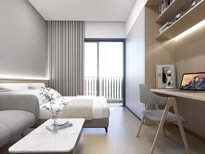 Modern Minimalist Bedroom Interior Design With Sofa Coffee Table Desk And Laptop Curtains 3d model