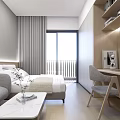 Modern Minimalist Bedroom Interior Design With Sofa Coffee Table Desk And Laptop Curtains