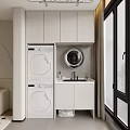 Modern Bathroom Cabinet With Sink Circular Mirror Upper Cabinets And Stacked Laundry Appliances