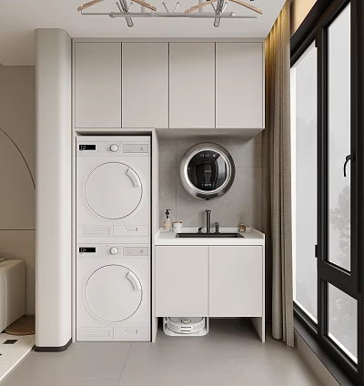Modern Bathroom Cabinet With Sink Circular Mirror Upper Cabinets And Stacked Laundry Appliances 3d model