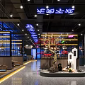 Modern Restaurant Interior With Neon Lights Colorful Seats And Art Sculptures Design