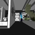 Modern Exhibition Hall with World Map Wall Glass Display Cabinets and Green Plants