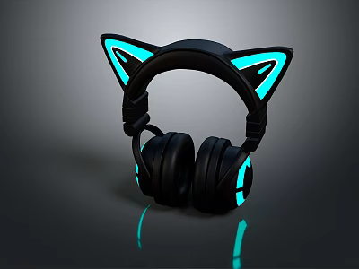 Black Gaming Computer Headphones with Cat Ear Design and Blue Glowing Effect 3d model