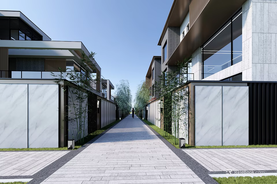 Modern Detached Villa In Residential Area With Stone Pathway Green Bamboo And Glass Windows 3d model 