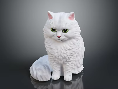 White Long Haired Cat Statue With Green Eyes Sitting On Dark Background 3d model