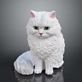 White Long Haired Cat Statue With Green Eyes Sitting On Dark Background 3d model