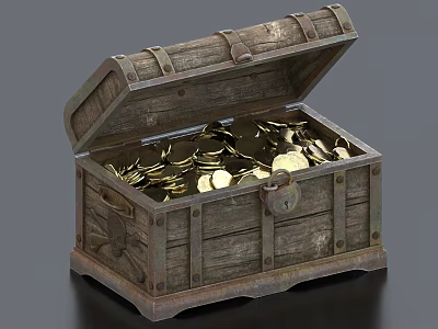 Open Vintage Wooden Chest Filled With Shiny Gold Coins On Gray Background 3d model