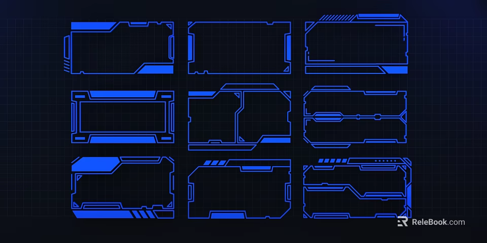 Blue Tech Interface Frame Design With Various Shapes Glowing Borders And Grid Backgrounds 3d model 