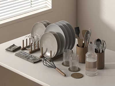 Stylish Tableware Set On Kitchen Counter With Plates Glasses Coasters Utensils 3d model