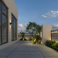 Modern Garden Landscape With White Pavilion Yellow Spherical Lights Stone Path Green Plants And Lawn