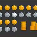 Gold and Silver Coins Stacked with Various Icons on Dark Background with Reflection