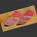 Two Pieces of Pink Sushi Placed on Wooden Board With Green Garnish