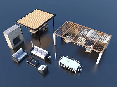 Cozy Patio Garden Design With Wooden Pavilion Sofa Dining Set And Fireplace 3d model