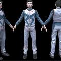 Game Movie Character White Blue Costume With Red Lines Three Angle Views Design