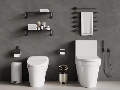 Modern Bathroom With Two White Toilets Gray Wall Shelves Towel Rack And Accessories 3d model