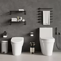 Modern Bathroom With Two White Toilets Gray Wall Shelves Towel Rack And Accessories