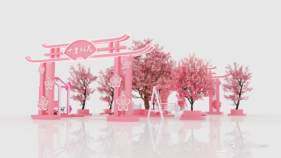 Artistic Pink Floral Installation Featuring Cherry Blossom Trees And Decorative Arch Structures 3d model 