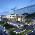 Luxury Modern Sales Office Building Featuring Outdoor Pool Sofa Area Glass Curtain Wall and Landscaping