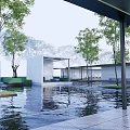Modern Pergola Landscape Design With Trees Water Features And Open Space 3d model