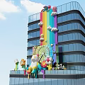 Colorful Art Installation On High Rise Building Facade With Rainbow Clouds Ferris Wheel Cartoon Bear And Flowers